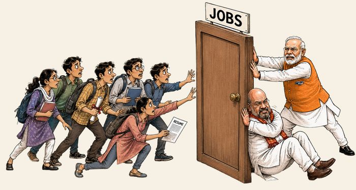 Students reaching for a door marked JOBS, held shut by government leaders