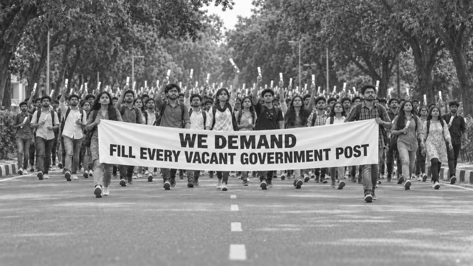 Students marching down a tree-lined road holding rolled degrees above their heads, behind a banner reading "We demand: fill every vacant government post"